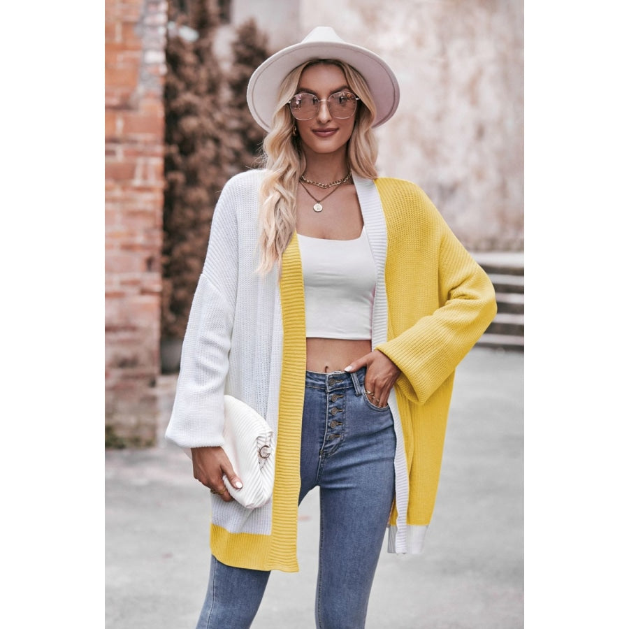 Woven Right Contrast Open Front Dropped Shoulder Longline Cardigan Banana Yellow / S