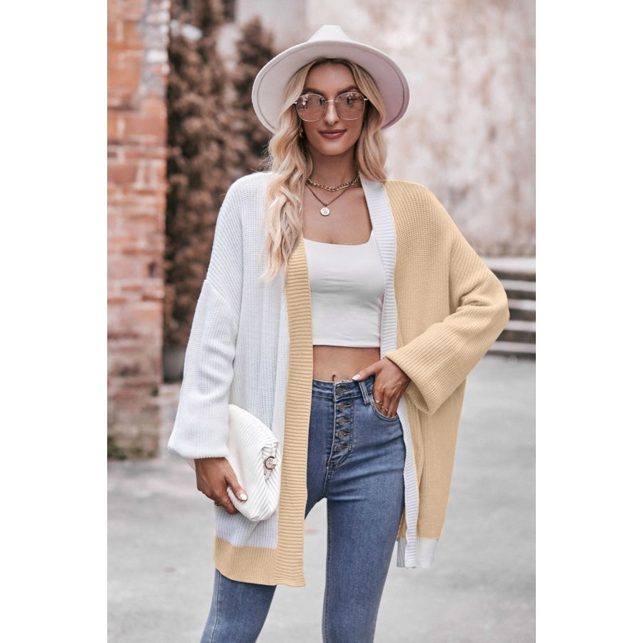 Woven Right Contrast Open Front Dropped Shoulder Longline Cardigan Tan / S