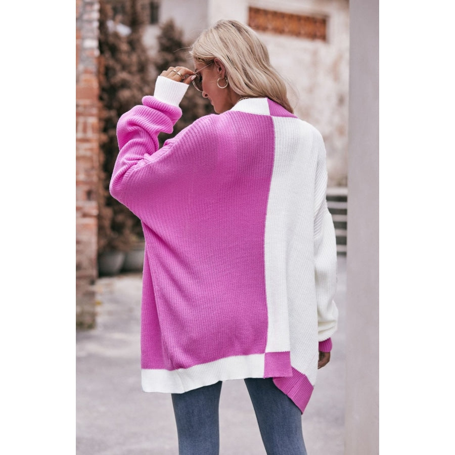 Woven Right Contrast Open Front Dropped Shoulder Longline Cardigan Hot Pink / S