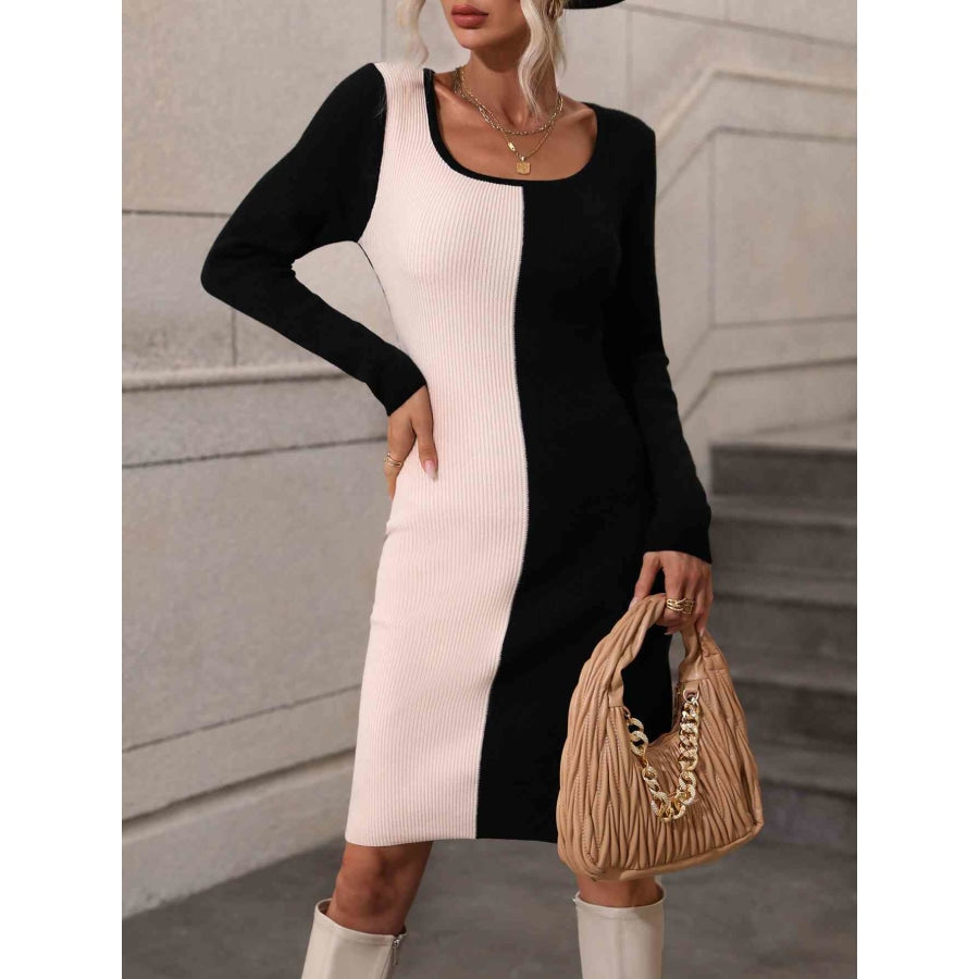 Woven Right Contrast Slit Sweater Dress Black/Cream / S