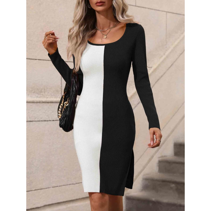 Woven Right Contrast Slit Sweater Dress Black/White / S