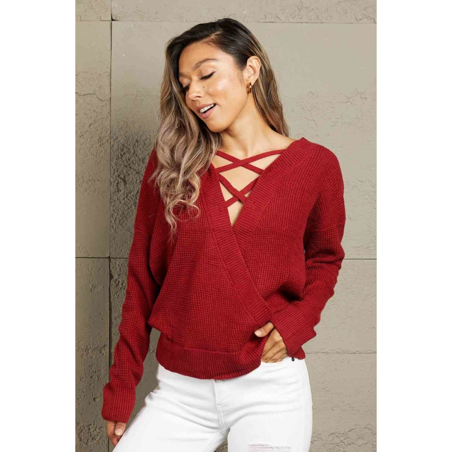 Woven Right Crisscross Back Waffle-Knit Sweater Red / S