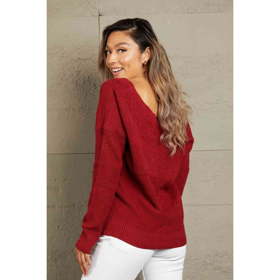 Woven Right Crisscross Back Waffle-Knit Sweater Red / S