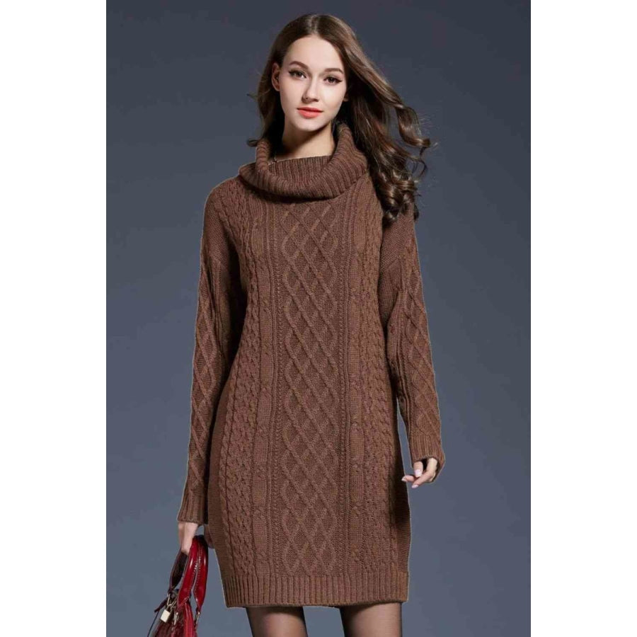 Woven Right Full Size Mixed Knit Cowl Neck Dropped Shoulder Sweater Dress Brown / M