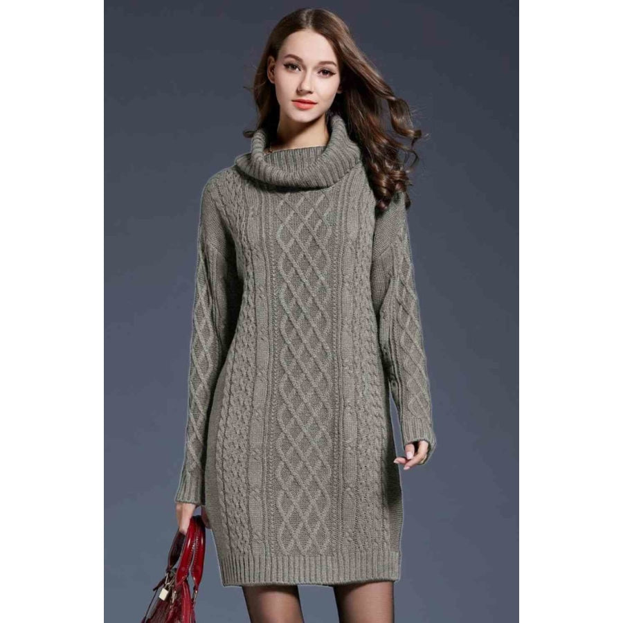 Woven Right Full Size Mixed Knit Cowl Neck Dropped Shoulder Sweater Dress Gray / M