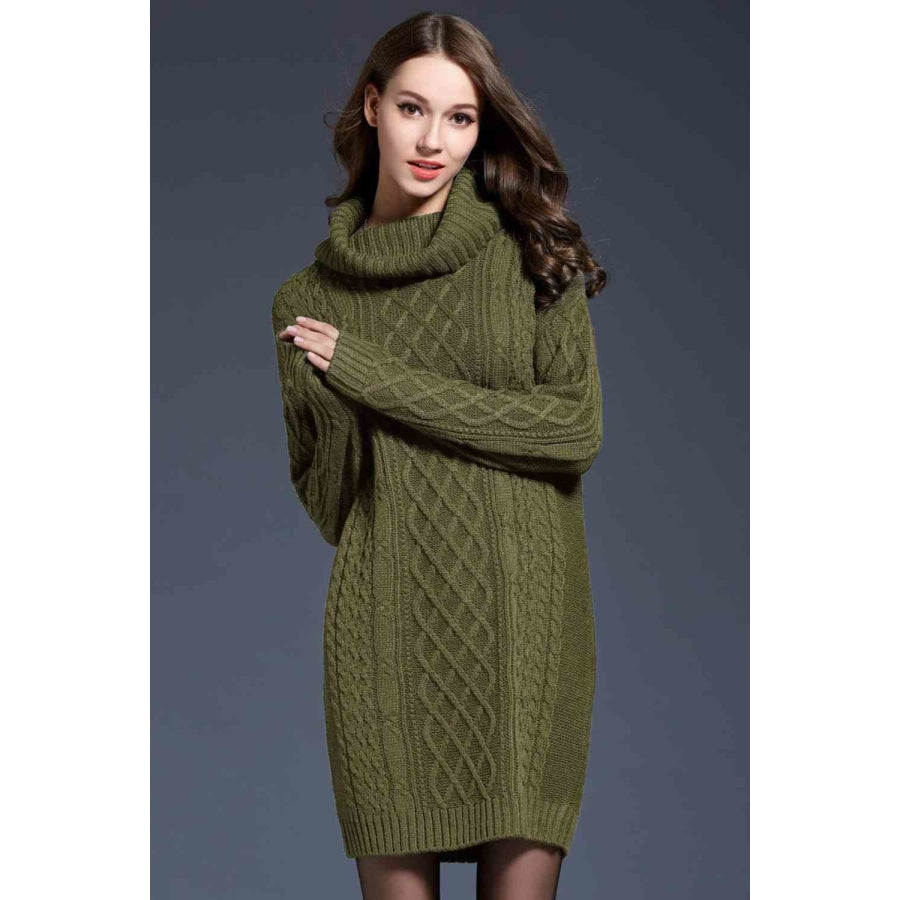 Woven Right Full Size Mixed Knit Cowl Neck Dropped Shoulder Sweater Dress Green / M