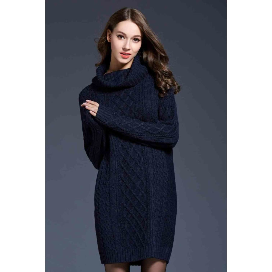 Woven Right Full Size Mixed Knit Cowl Neck Dropped Shoulder Sweater Dress Navy / M