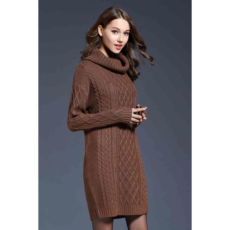 Woven Right Full Size Mixed Knit Cowl Neck Dropped Shoulder Sweater Dress