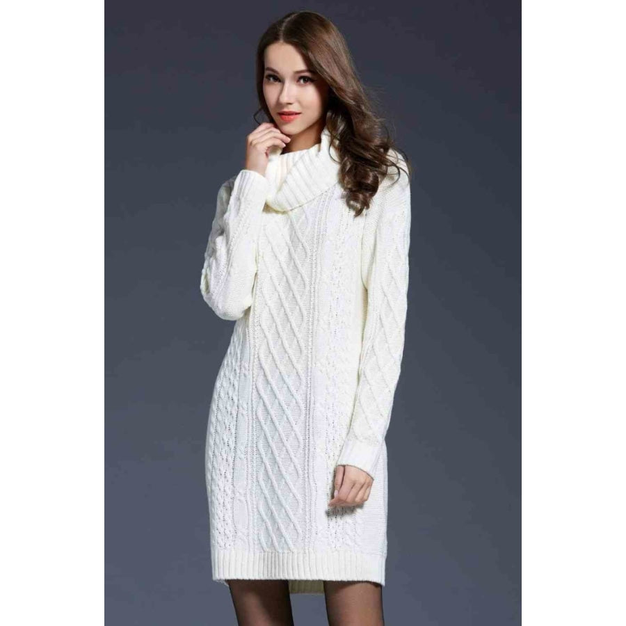Woven Right Full Size Mixed Knit Cowl Neck Dropped Shoulder Sweater Dress White / M