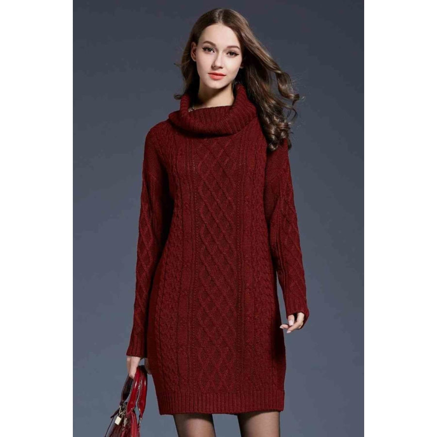 Woven Right Full Size Mixed Knit Cowl Neck Dropped Shoulder Sweater Dress Wine / M