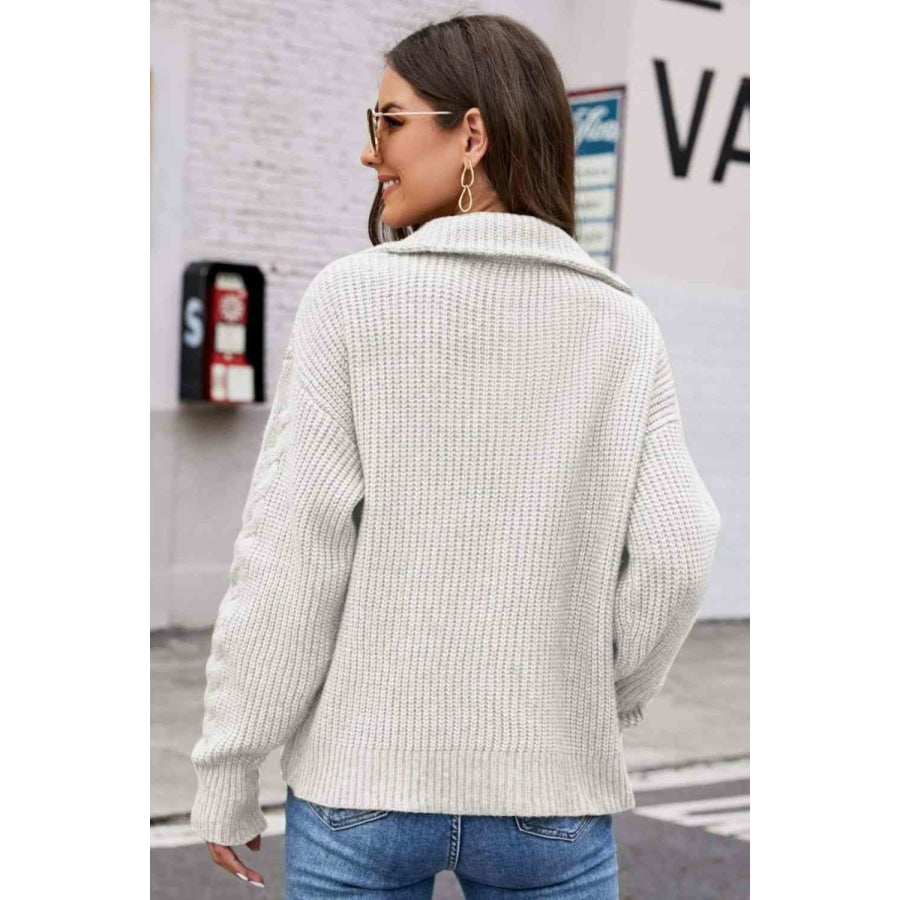 Woven Right Half Zip Mixed Knit Collared Sweater