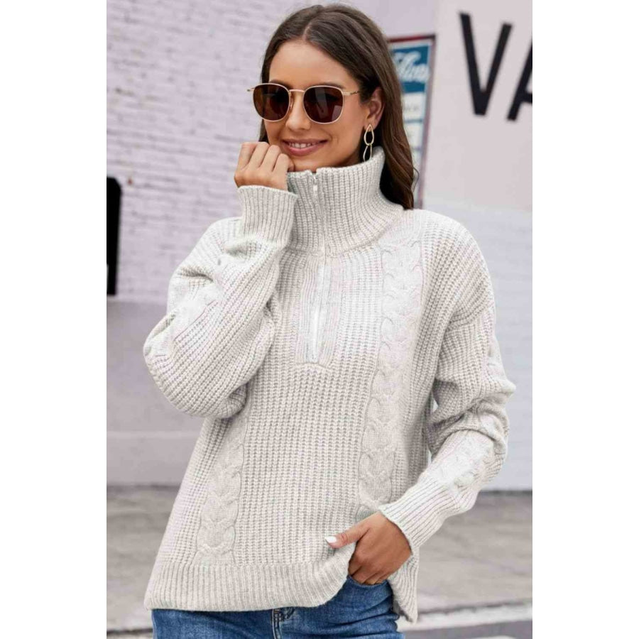 Woven Right Half Zip Mixed Knit Collared Sweater