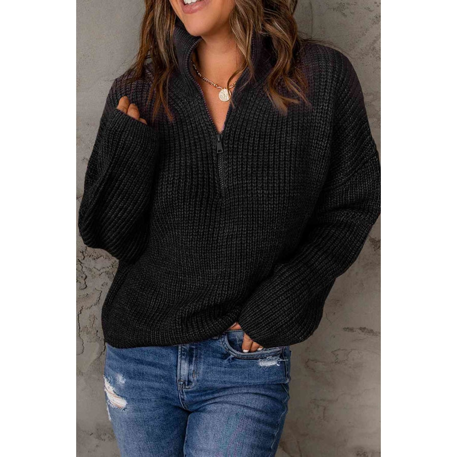 Woven Right Half Zip Rib-Knit Dropped Shoulder Sweater Black / S