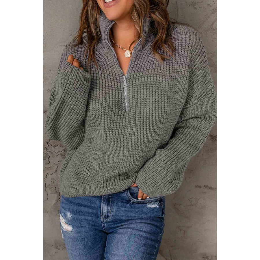 Woven Right Half Zip Rib-Knit Dropped Shoulder Sweater Gray / S