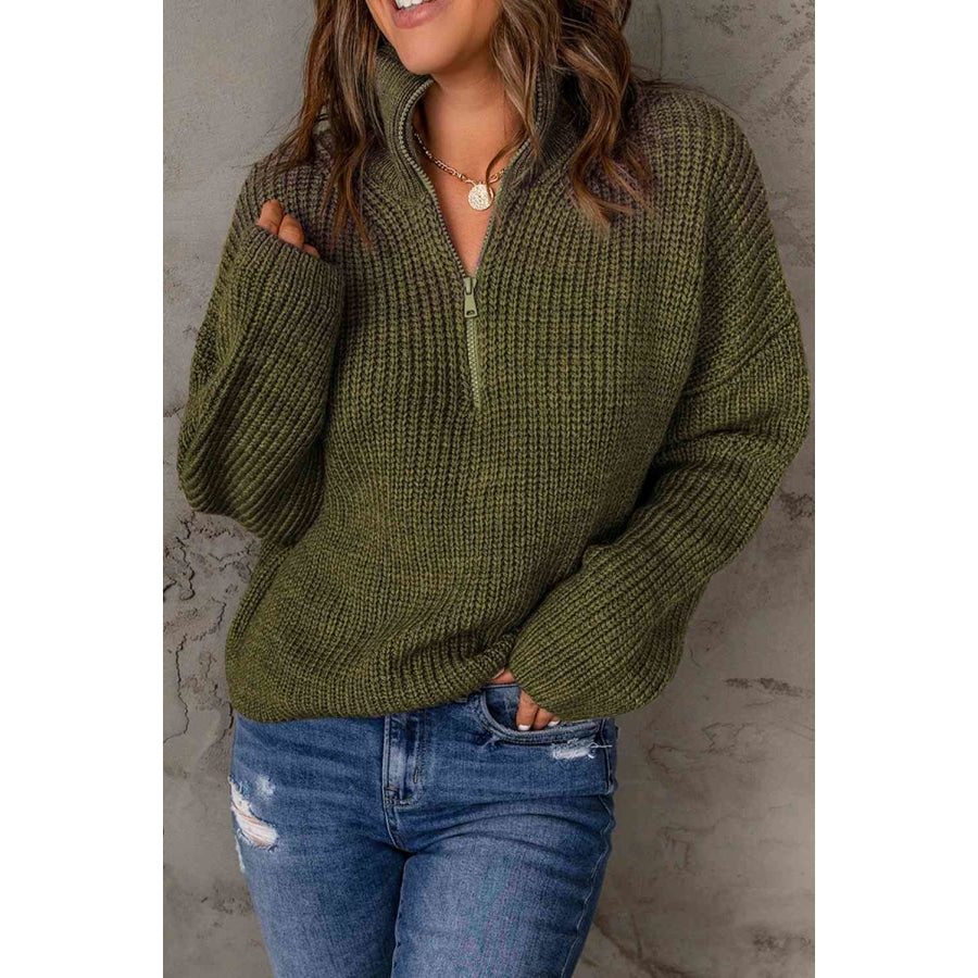 Woven Right Half Zip Rib-Knit Dropped Shoulder Sweater Green / S