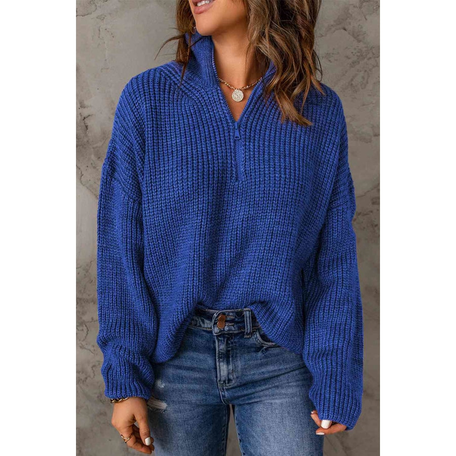 Woven Right Half Zip Rib-Knit Dropped Shoulder Sweater Royal Blue / S