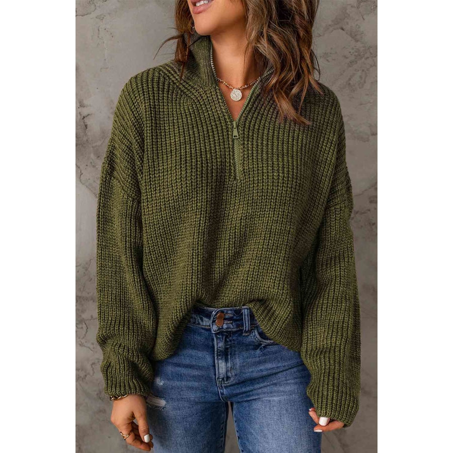 Woven Right Half Zip Rib-Knit Dropped Shoulder Sweater