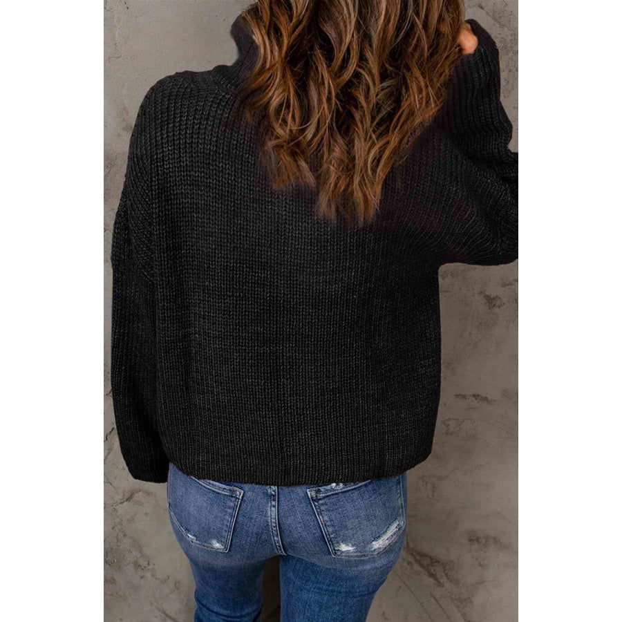 Woven Right Half Zip Rib-Knit Dropped Shoulder Sweater