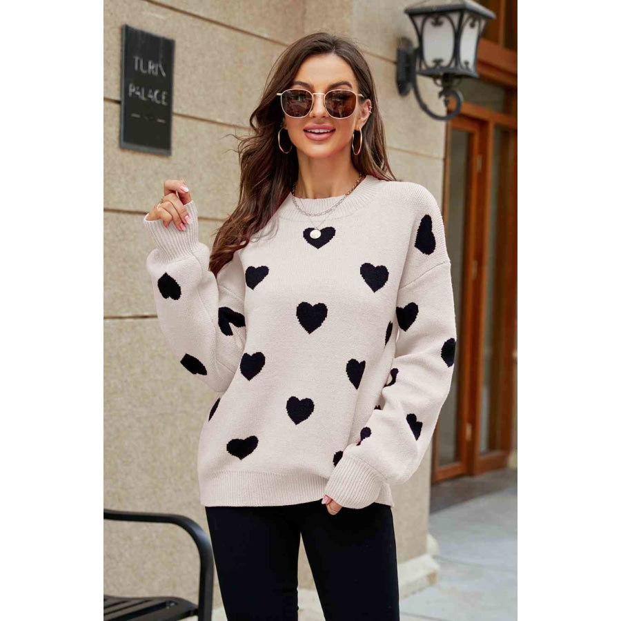 Woven Right Heart Pattern Lantern Sleeve Round Neck Tunic Sweater Beige/Black / S
