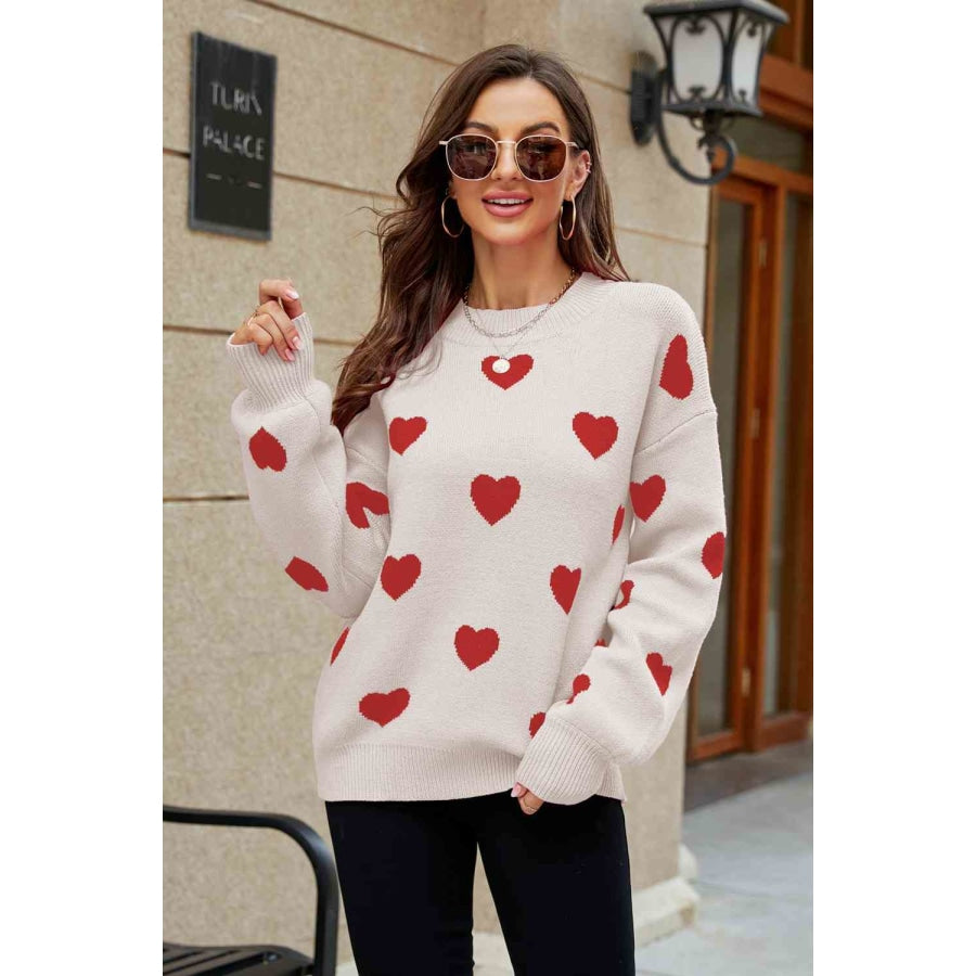 Woven Right Heart Pattern Lantern Sleeve Round Neck Tunic Sweater Beige/Red / S