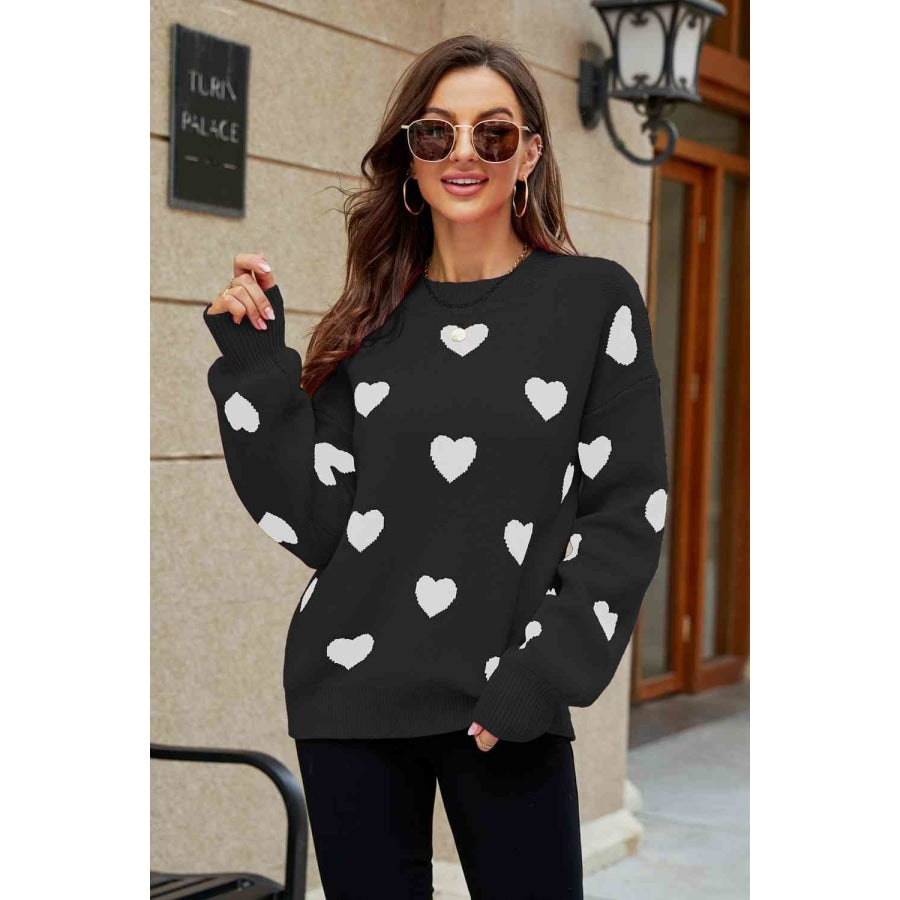 Woven Right Heart Pattern Lantern Sleeve Round Neck Tunic Sweater Black / S