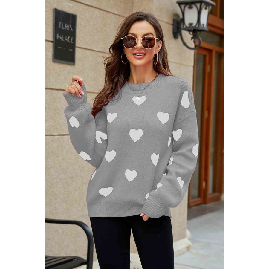 Woven Right Heart Pattern Lantern Sleeve Round Neck Tunic Sweater Gray / S
