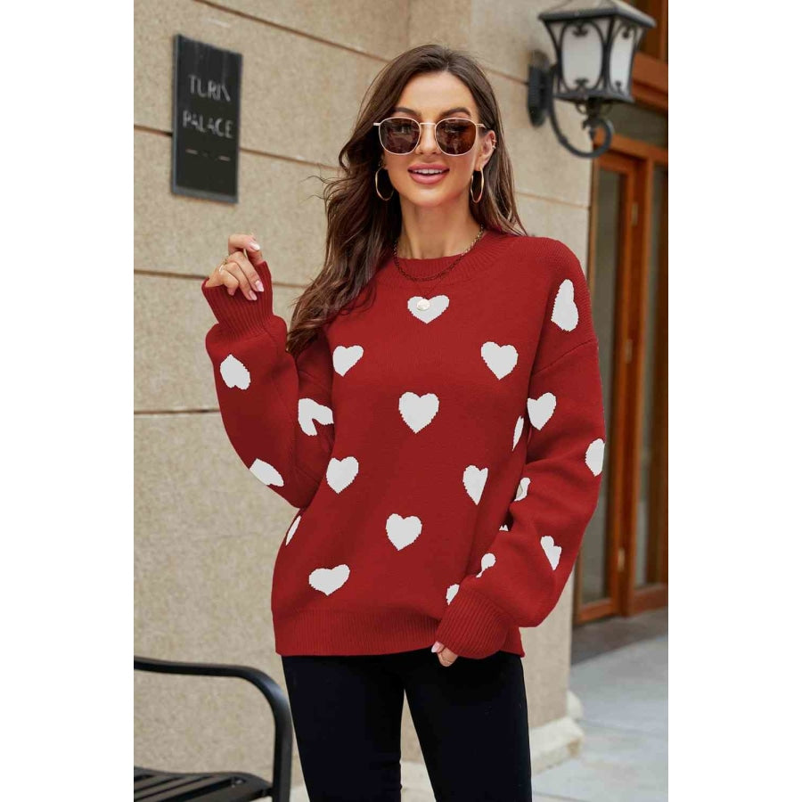Woven Right Heart Pattern Lantern Sleeve Round Neck Tunic Sweater Red / S