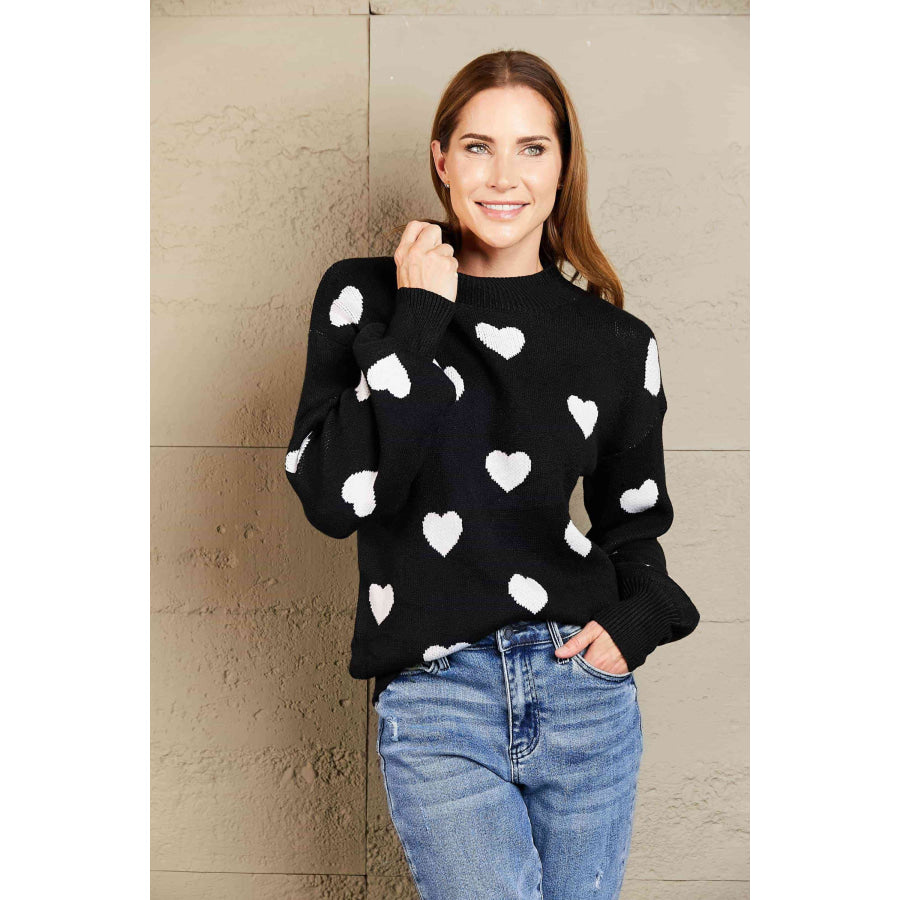 Woven Right Heart Pattern Lantern Sleeve Round Neck Tunic Sweater