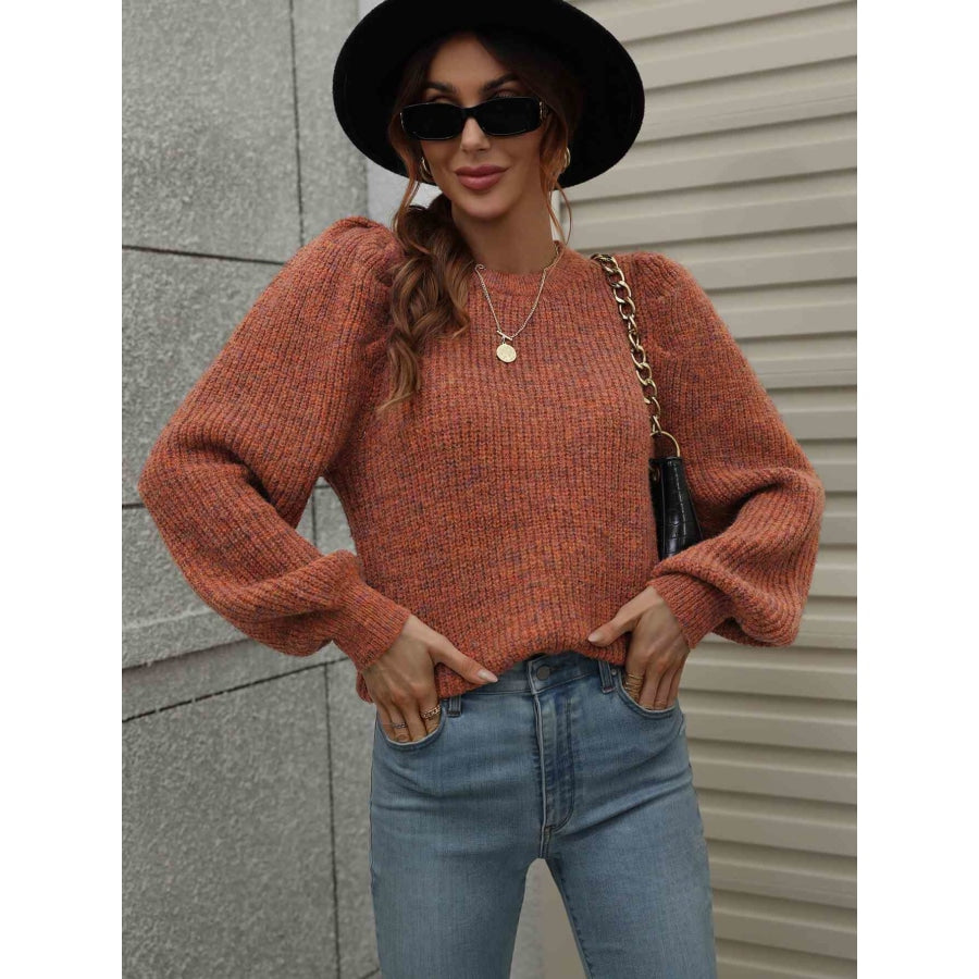 Woven Right Heathered Long Lantern Sleeve Rib-Knit Sweater Orange / S