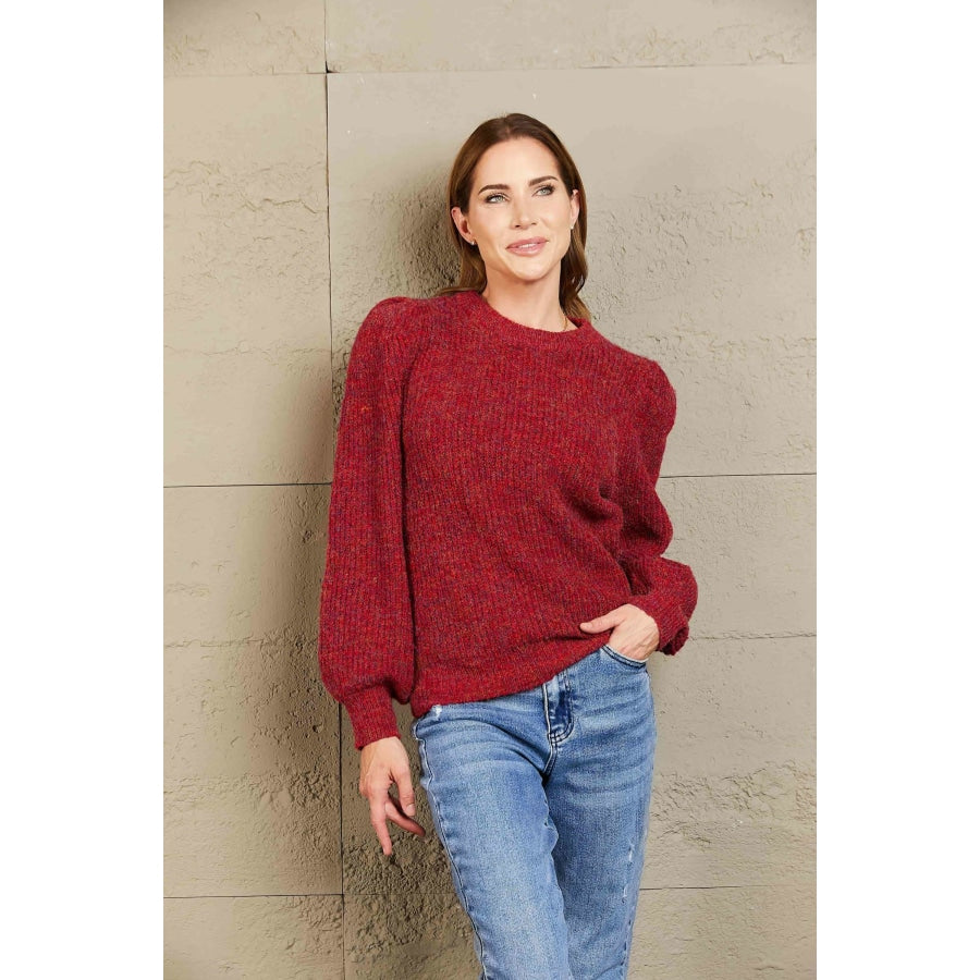 Woven Right Heathered Long Lantern Sleeve Rib-Knit Sweater Red / S