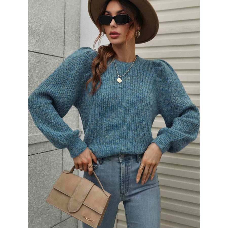 Woven Right Heathered Long Lantern Sleeve Rib-Knit Sweater Steal / S