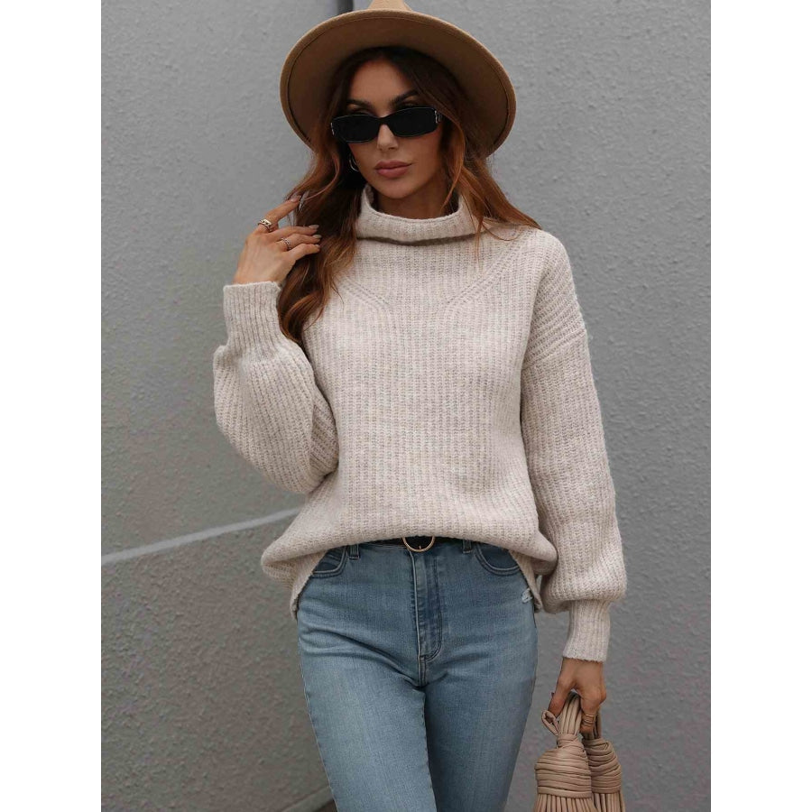 Woven Right High Neck Balloon Sleeve Rib-Knit Pullover Sweater Beige / S