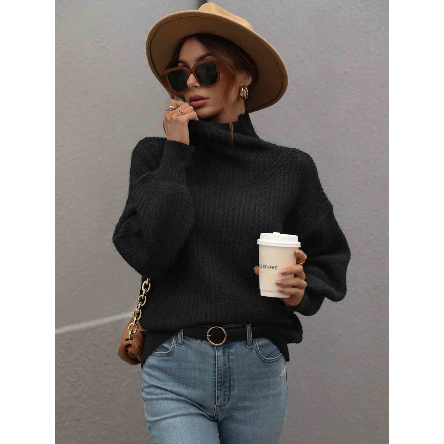 Woven Right High Neck Balloon Sleeve Rib-Knit Pullover Sweater Black / S