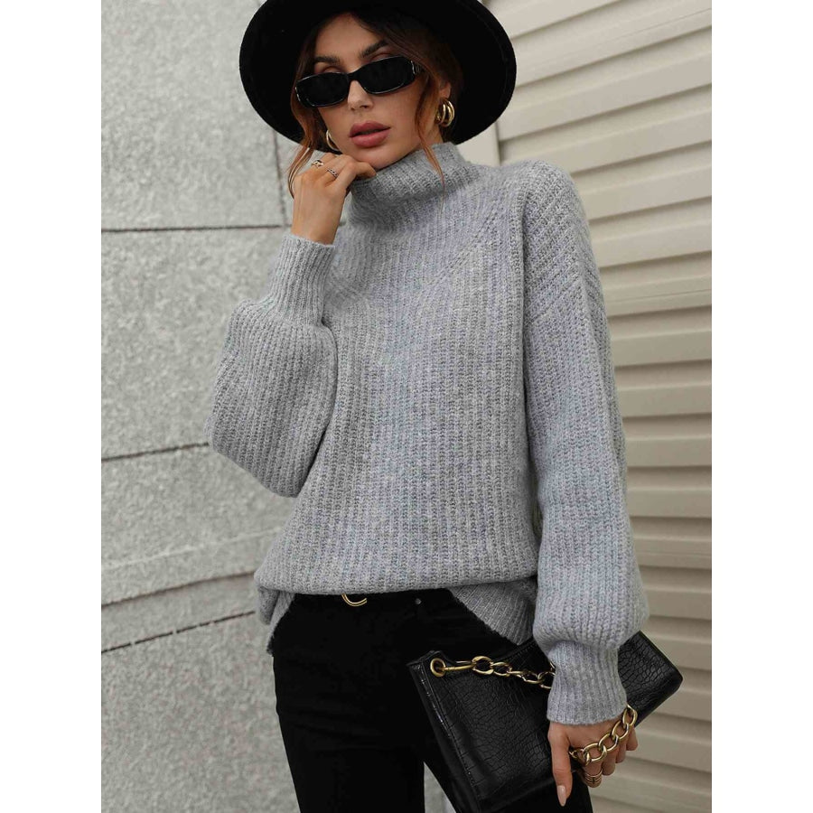 Woven Right High Neck Balloon Sleeve Rib-Knit Pullover Sweater Gray / S