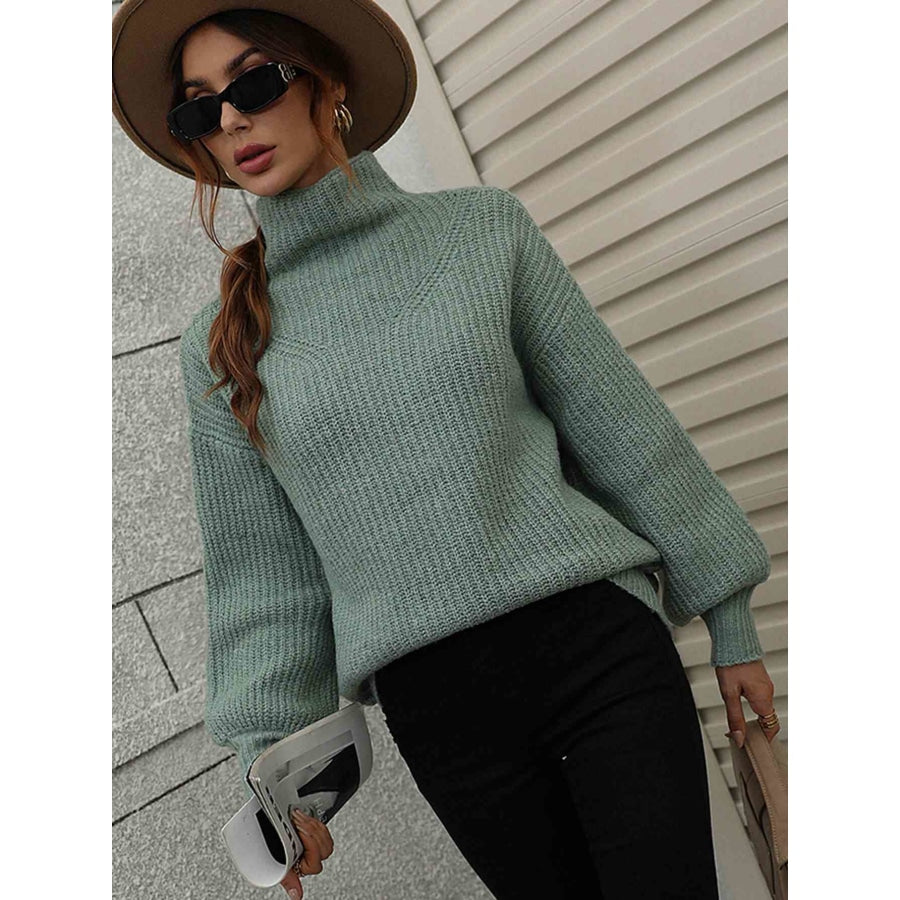 Woven Right High Neck Balloon Sleeve Rib-Knit Pullover Sweater Green / S