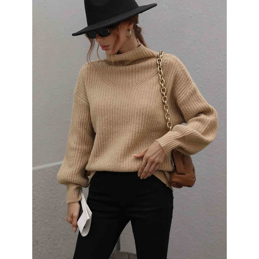 Woven Right High Neck Balloon Sleeve Rib-Knit Pullover Sweater Tan / S