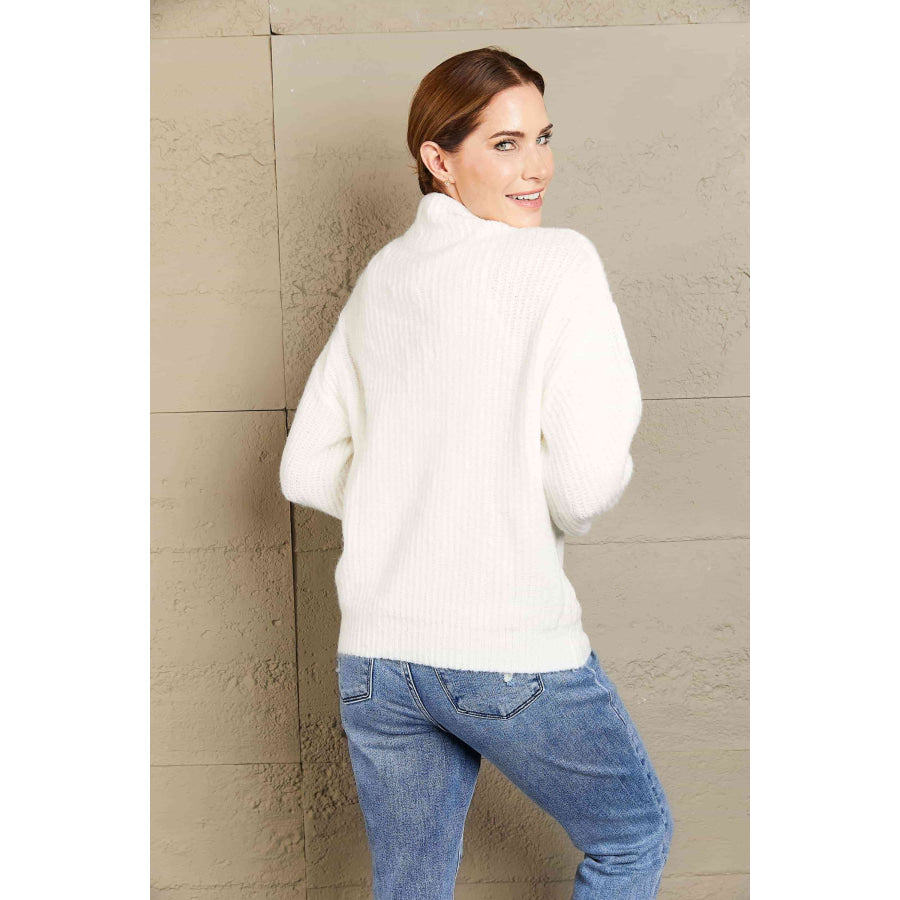 Woven Right High Neck Balloon Sleeve Rib-Knit Pullover Sweater