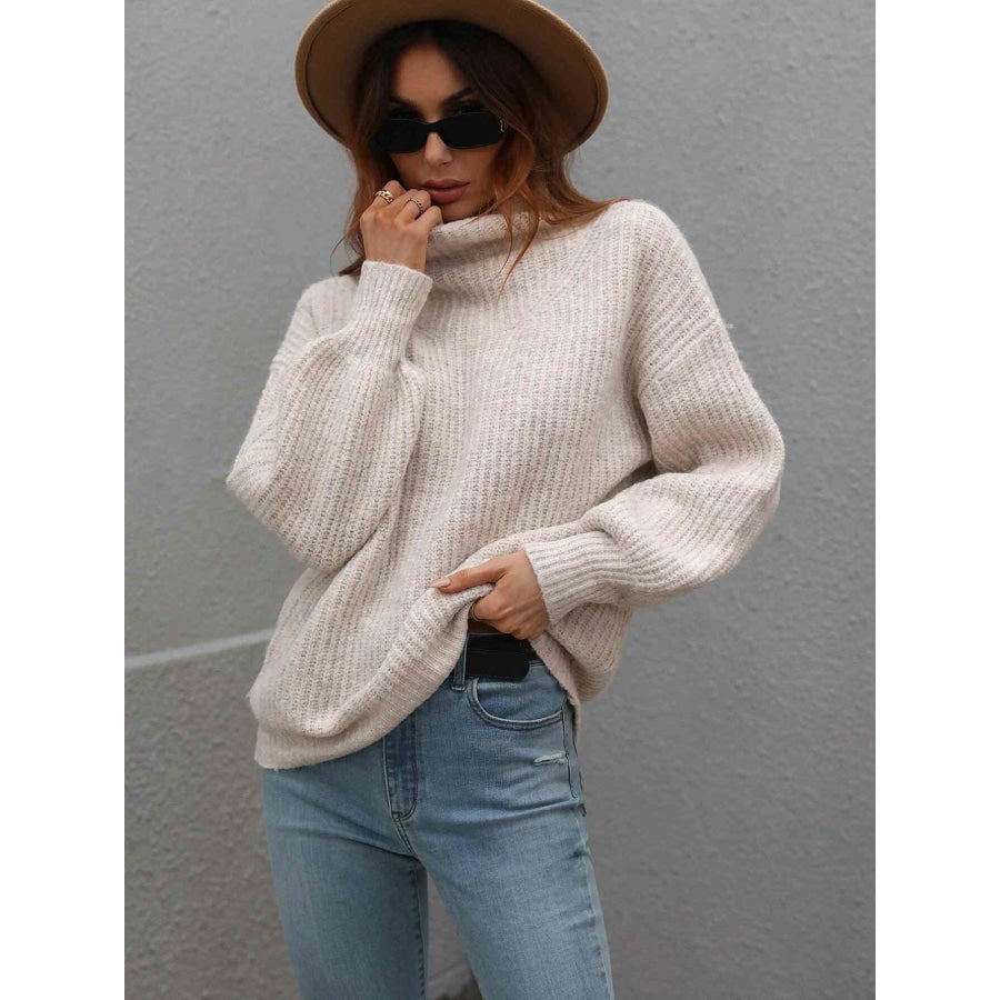Woven Right High Neck Balloon Sleeve Rib-Knit Pullover Sweater