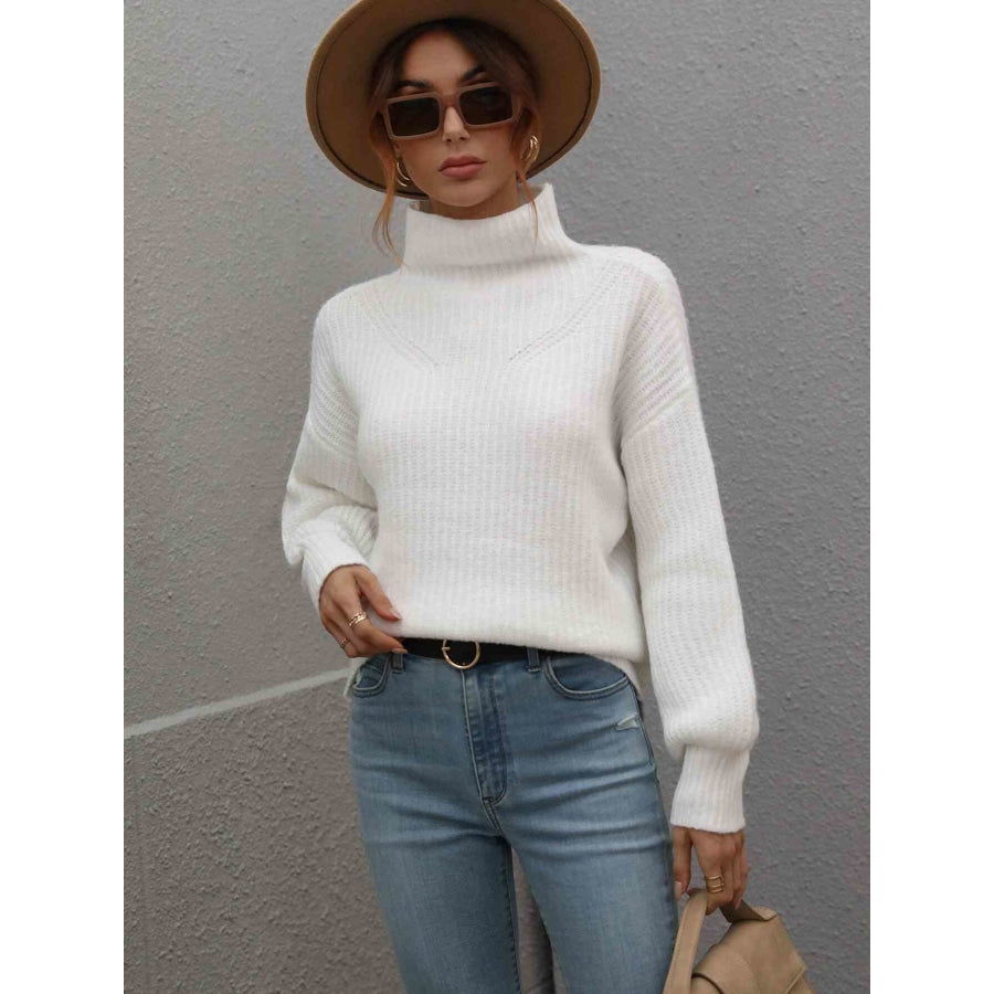 Woven Right High Neck Balloon Sleeve Rib-Knit Pullover Sweater White / S
