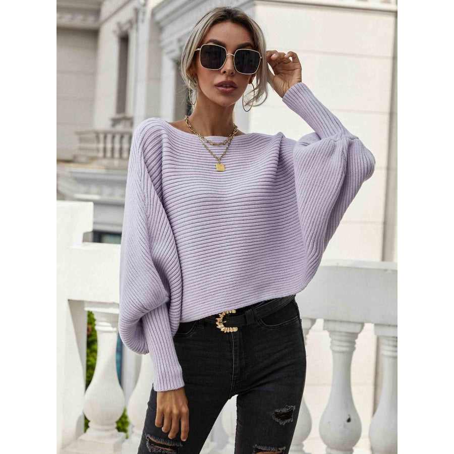 Woven Right Horizontal Ribbing Dolman Sleeve Sweater Purple / S