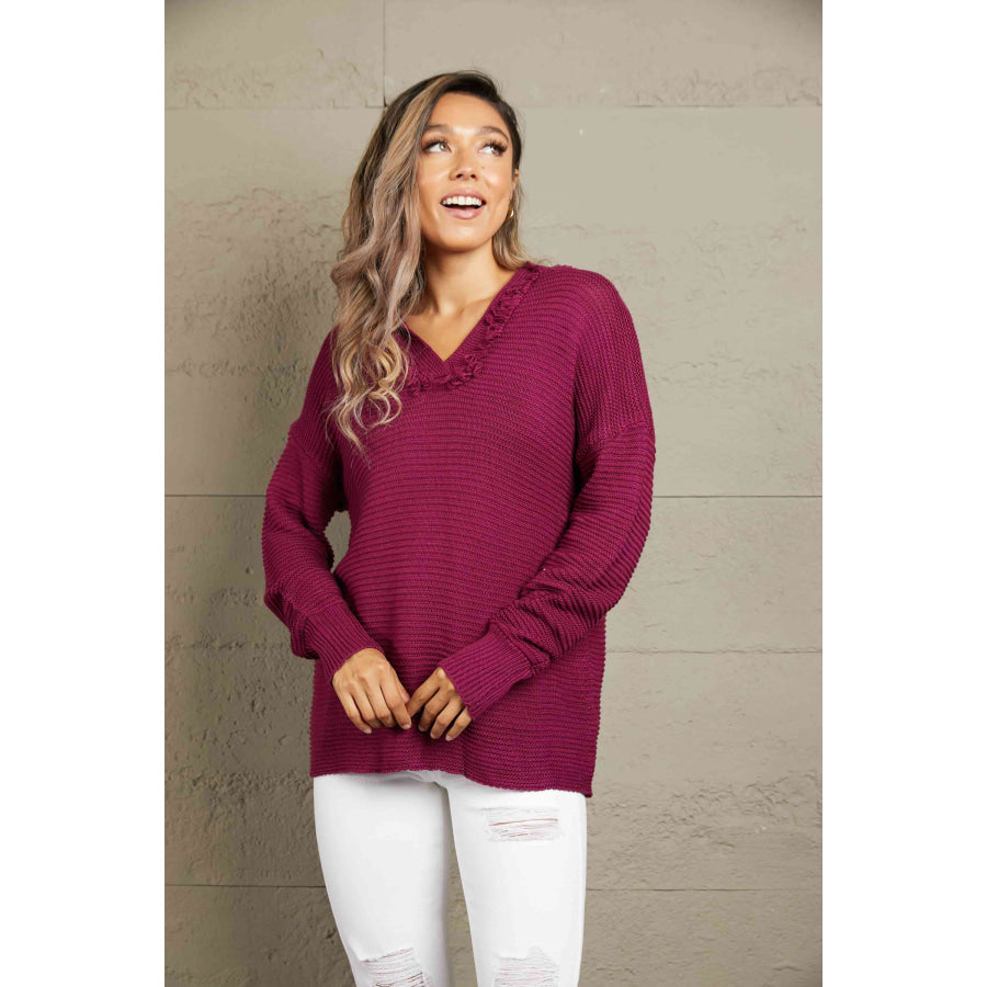 Woven Right Horizontal Ribbing Fringe Trim Hooded Sweater Red / S