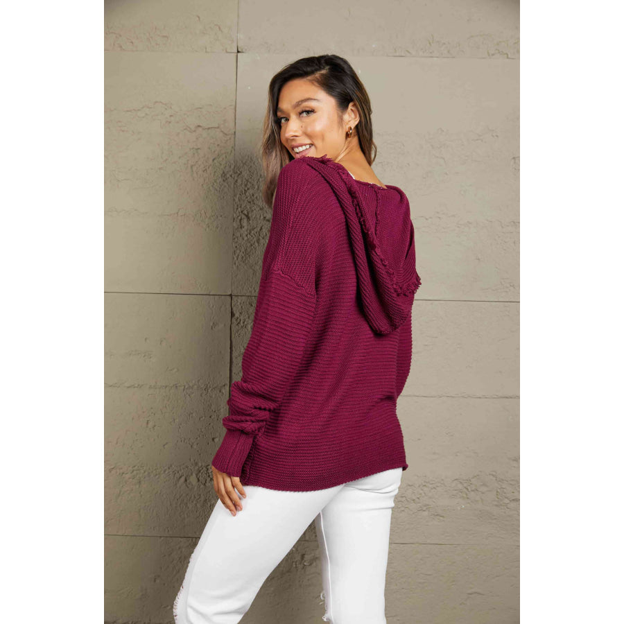 Woven Right Horizontal Ribbing Fringe Trim Hooded Sweater Red / S