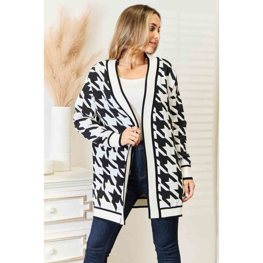 Woven Right Houndstooth Open Front Longline Cardigan Black / S