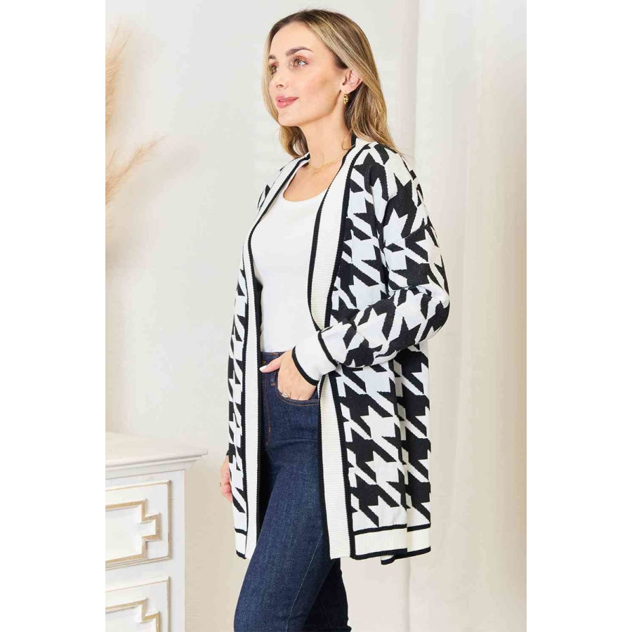 Woven Right Houndstooth Open Front Longline Cardigan