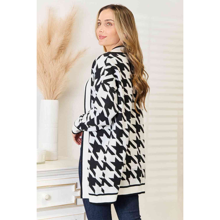 Woven Right Houndstooth Open Front Longline Cardigan Black / S