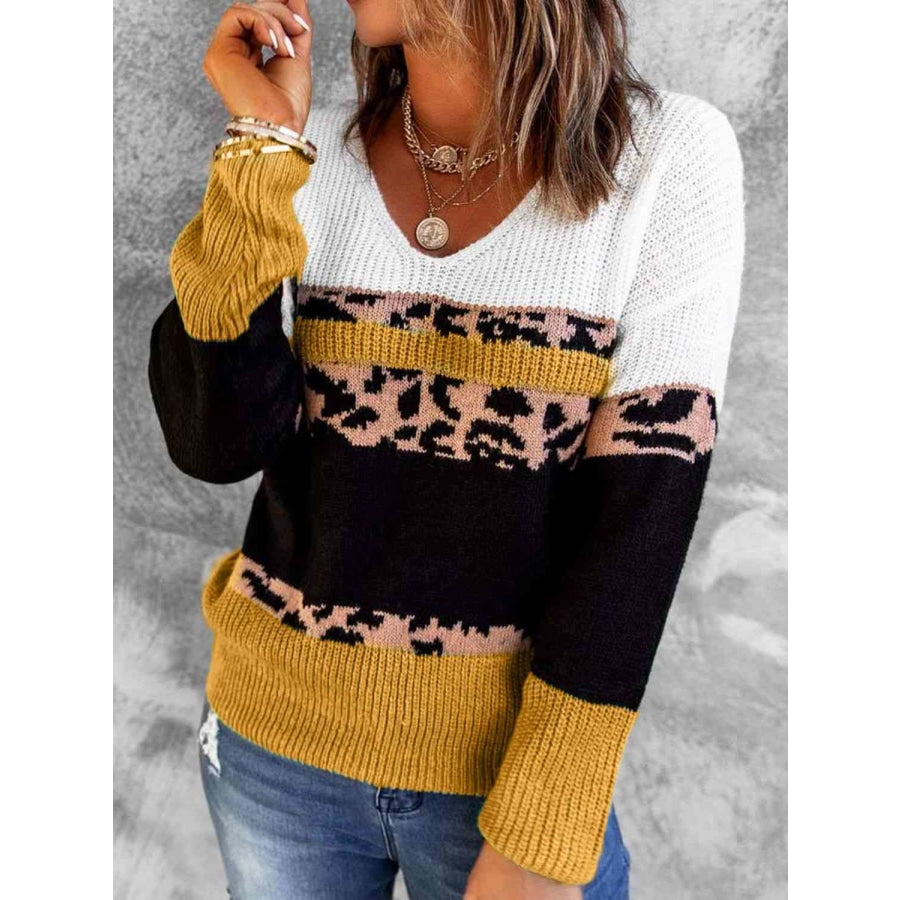 Woven Right Leopard Color Block V-Neck Rib-Knit Sweater Yellow / S