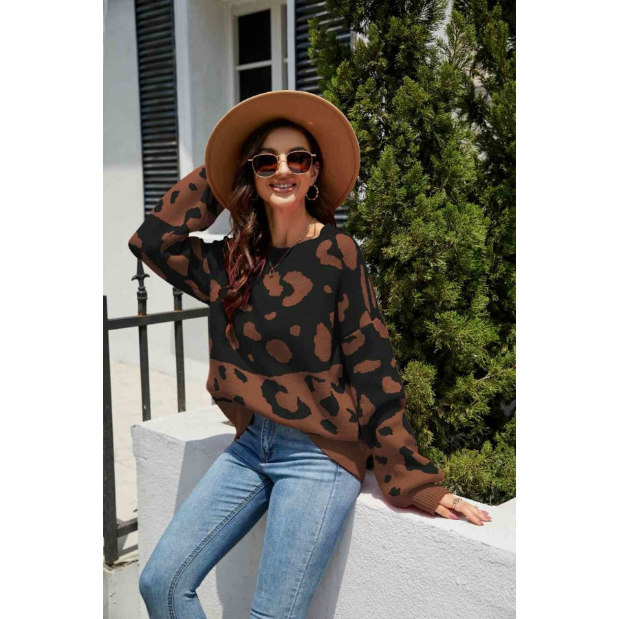 Woven Right Leopard Ribbed Trim Dropped Shoulder Sweater