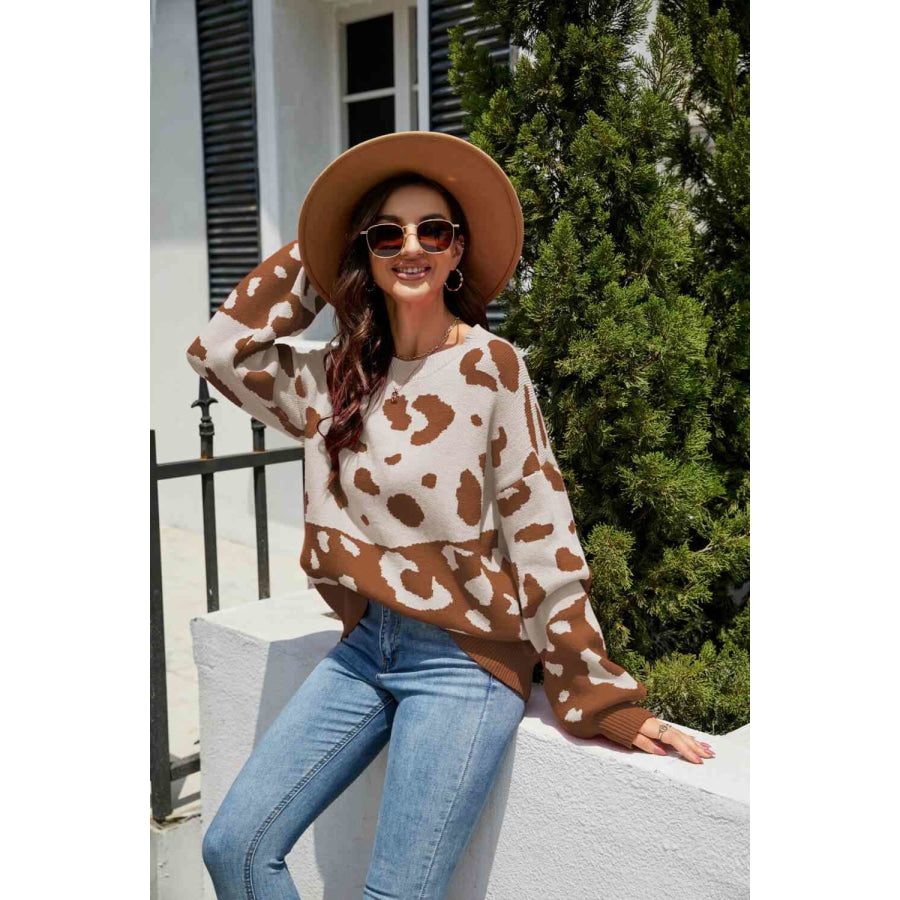 Woven Right Leopard Ribbed Trim Dropped Shoulder Sweater