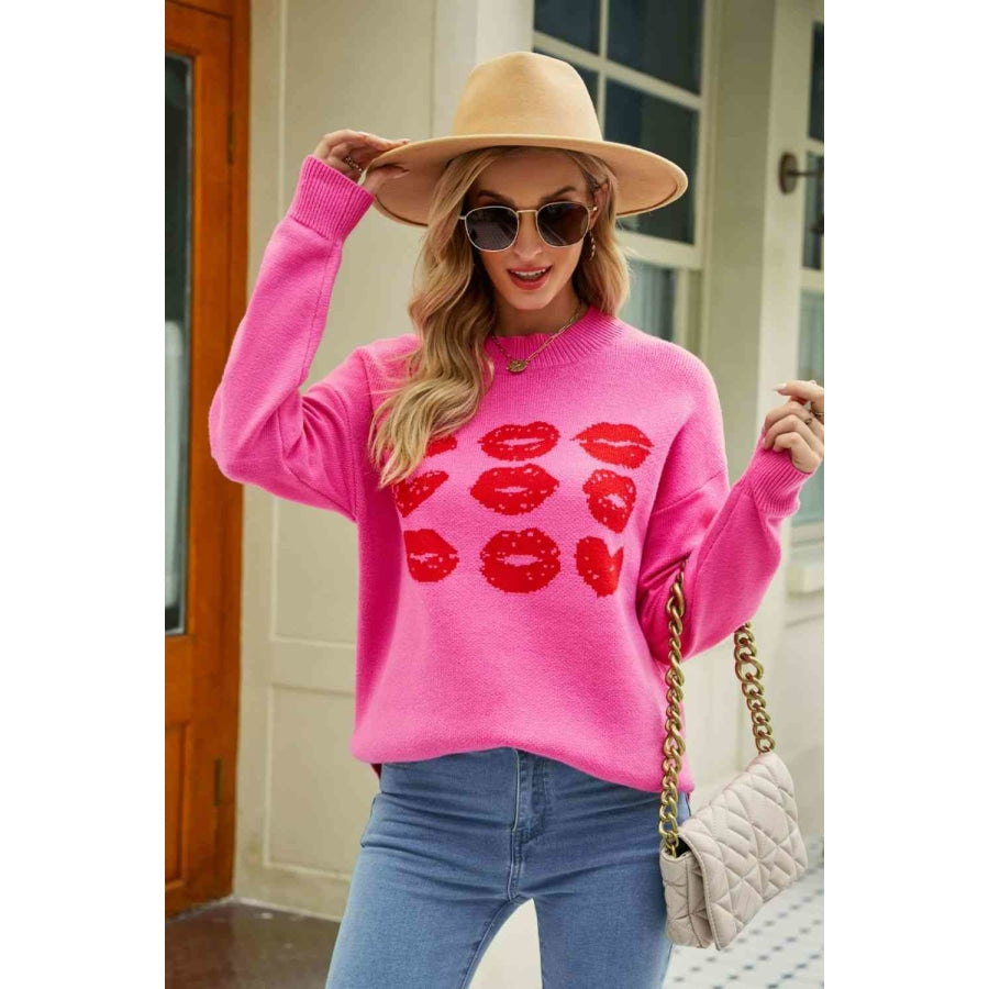 Woven Right Lip Graphic Slit Dropped Shoulder Sweater Fuchsia / S