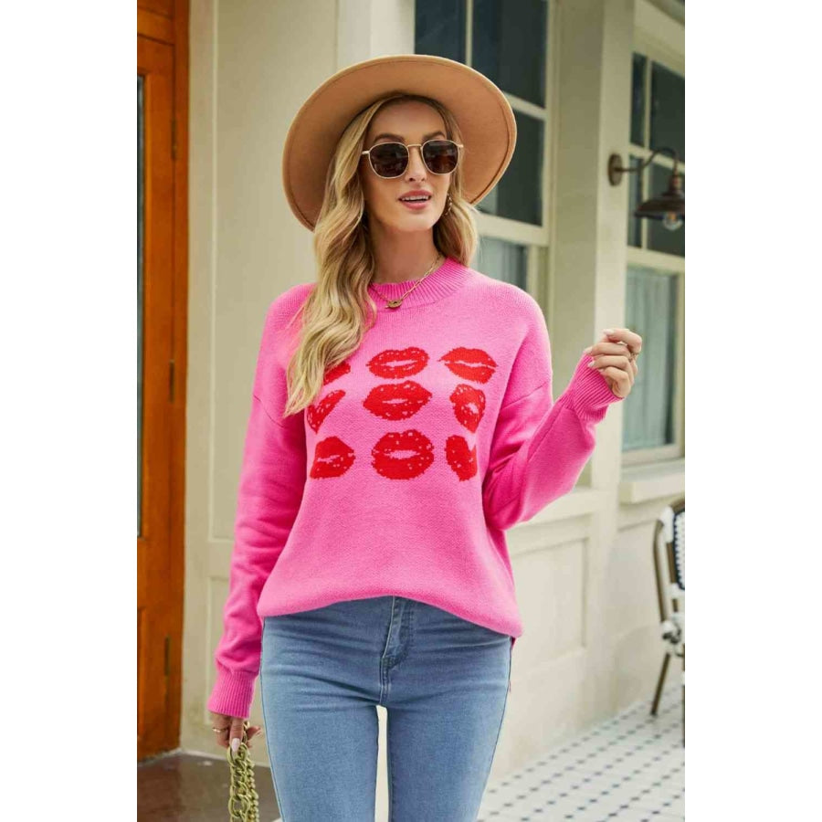 Woven Right Lip Graphic Slit Dropped Shoulder Sweater